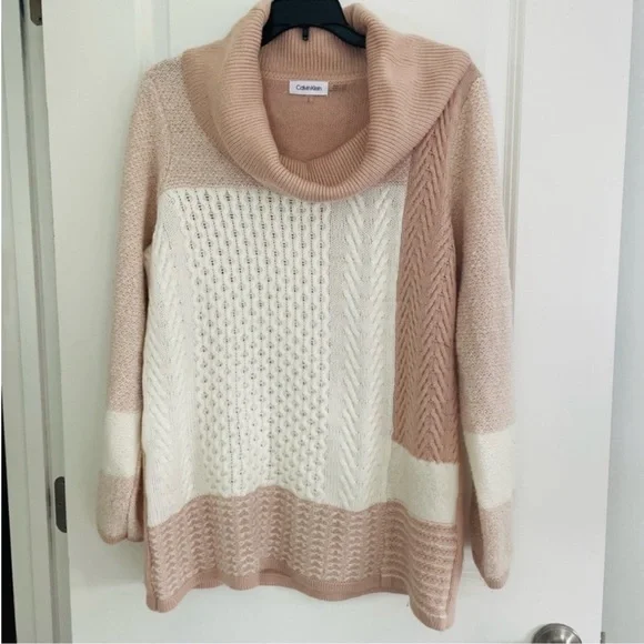 Calvin Klein Wool Blend Oversized Turtleneck Sweater White Light Pink Size L - Picture 1 of 9